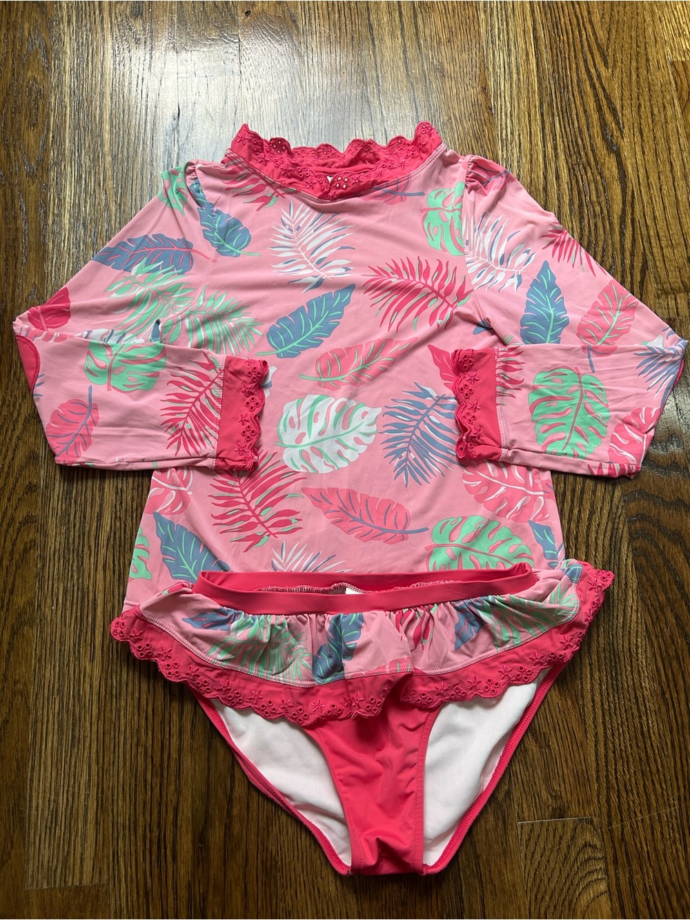 The Beaufort Bonnet Company Pink Tropical Leaf Girls' Rash Guard Swim Set